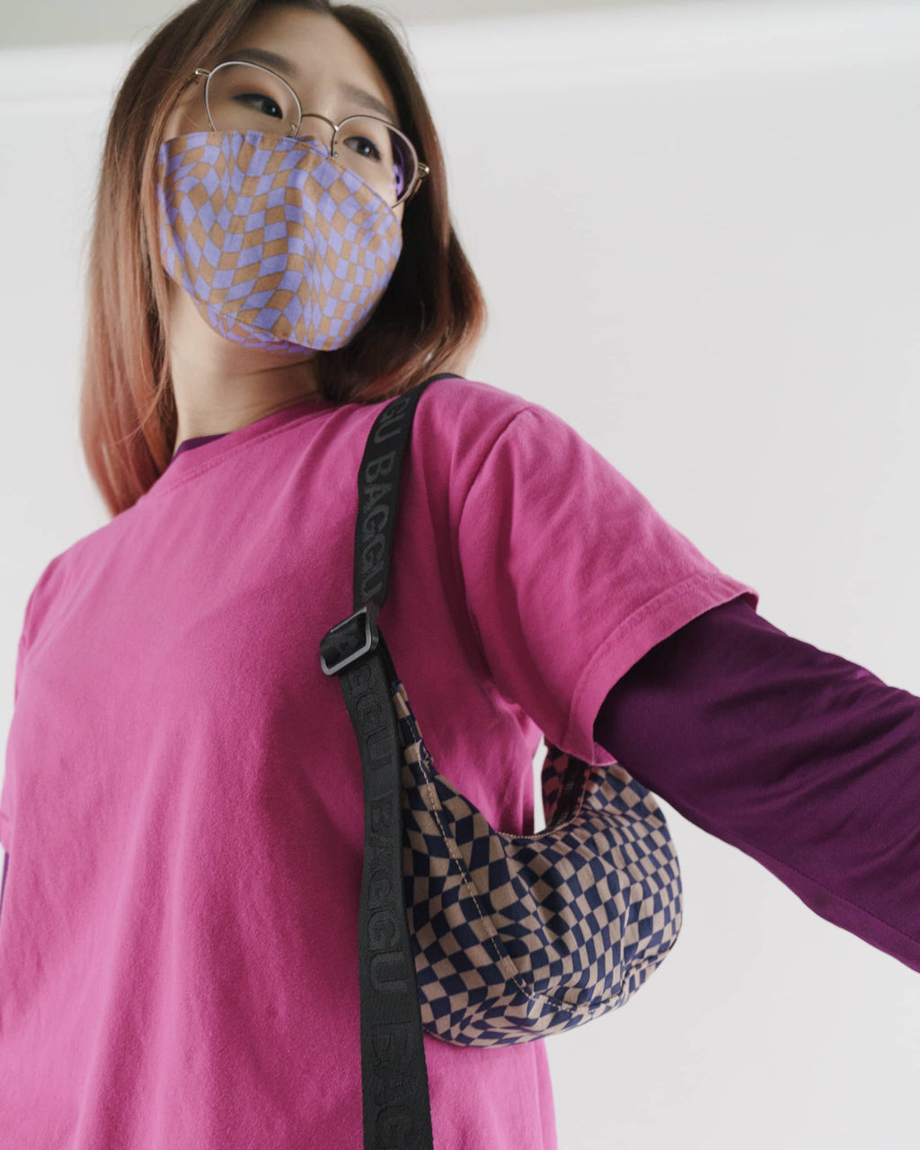 Mini Nylon Crescent Bag - Indigo Trippy Checker