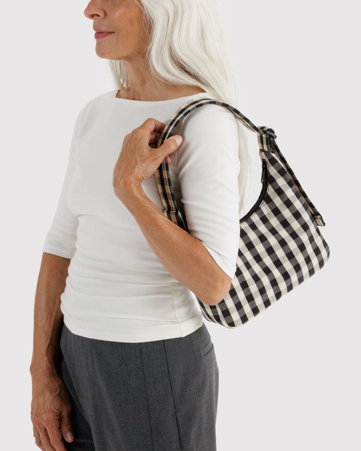 Mini Nylon Shoulder Bag - Black and Cream Gingham